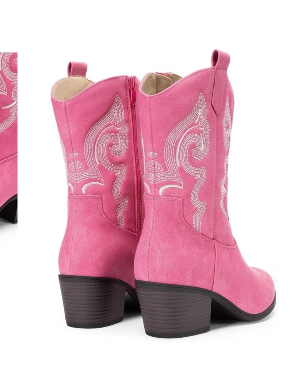 Women Pink Suede leather Embroidered Country Heel Pointed Toe Cowgirl Boots - Picture 5 of 8